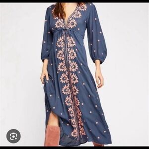 Free People Embroidered Fable Midi Dress Blue Gray Coral Pink L